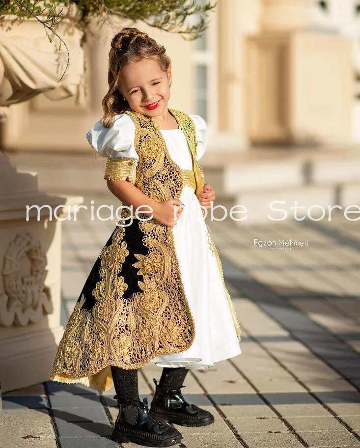 Vestido de niña de flores tradicional de Israel y Albania, Blanco, Negro, chaqueta, Aplique de encaje dorado, vestido de boda de cumpleaños para niña pequeña