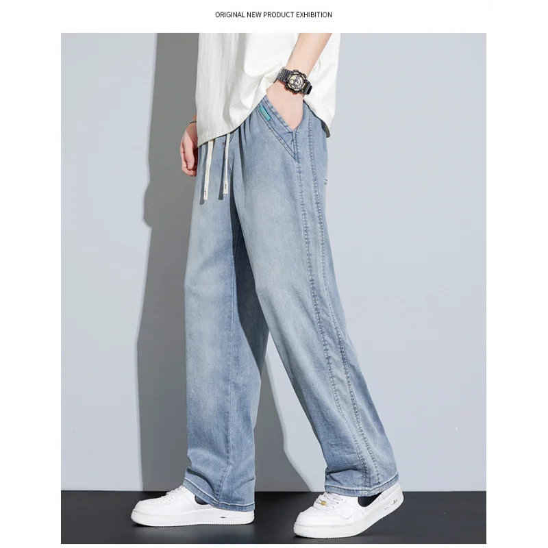 男性用軽量リヨセルワイドレッグジーンズ、カジュアルパンツ、夏