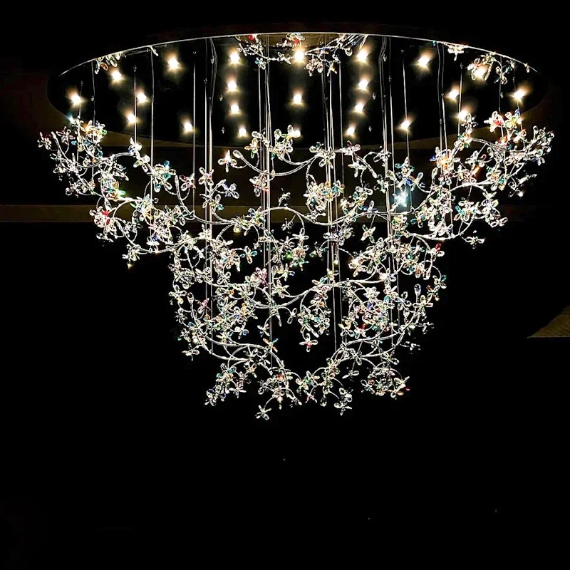 Luxury Large Crystal Flower Chandelier Duplex Staircase Loft Lobby Lustre oval Colorful Crystal Hanging Lamp Vila Wedding Hall