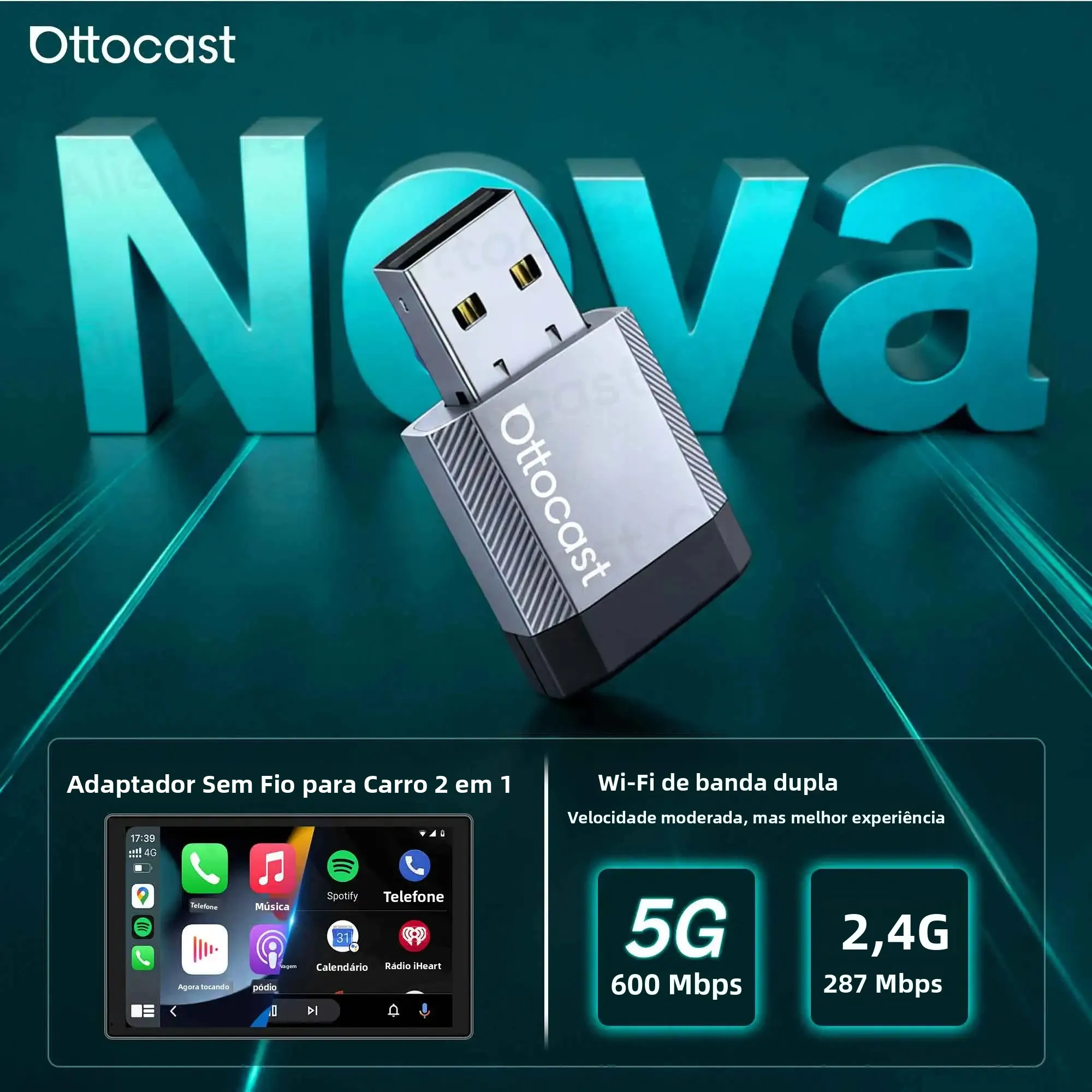Adaptador Sem Fio Ottocast Mini Nova CarPlay Android Auto Bluetooth WiFi USB Dongle Cube 3.0 para Nissan Ford Renault Mazda VW