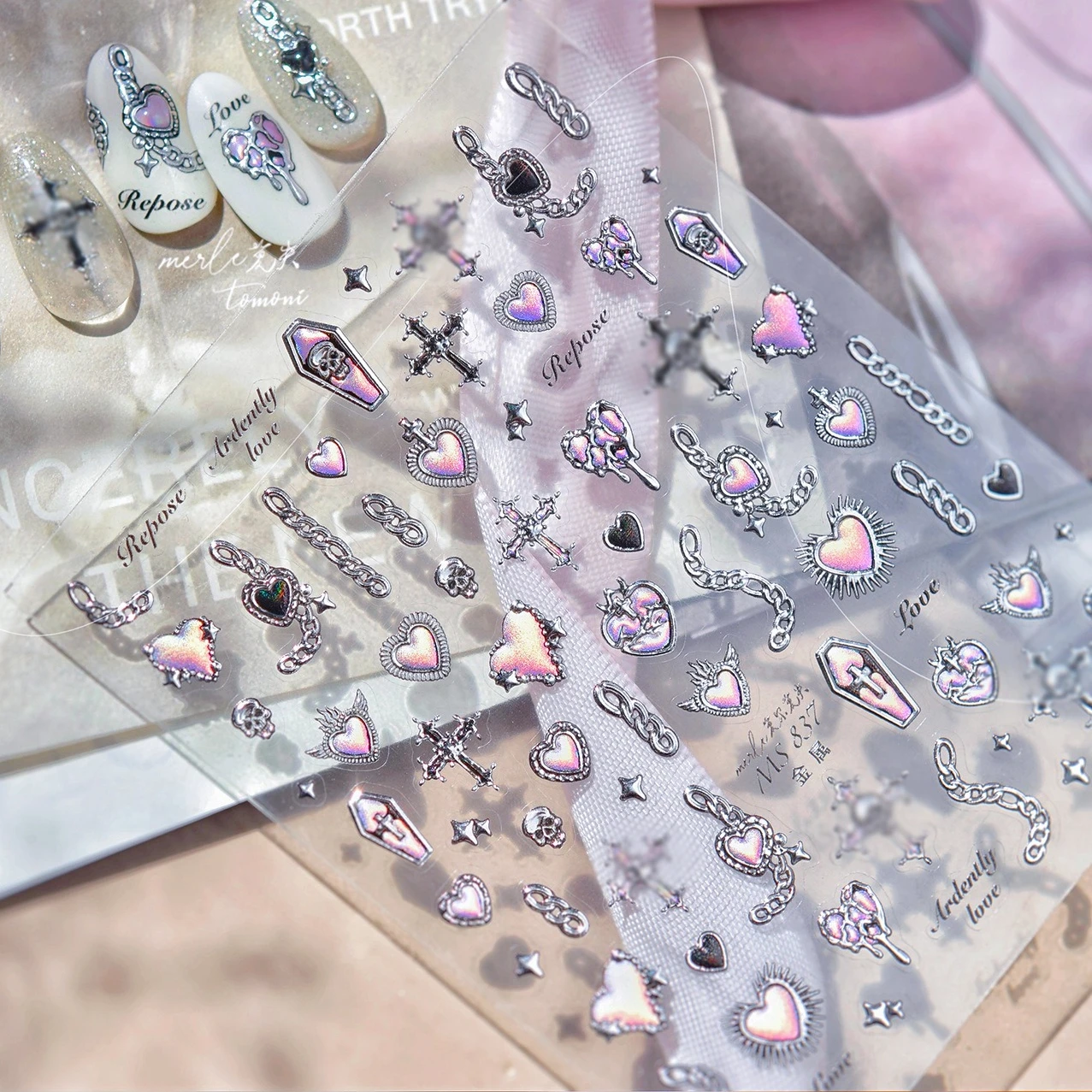Punk zilveren lava ketting doodskist lint strik geometrische figuur liefde hart skelet slot ster maan nail art sticker manicure sticker