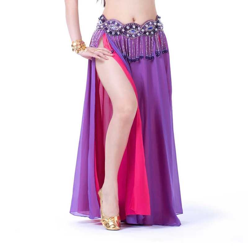 Women Sexy Belly Dance Skirt Double Layers Split Long Chiffon Sequins Tassel Dress Charming Dancewear