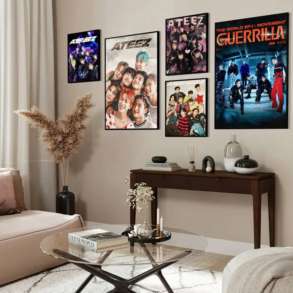 A-ATEEZ KPOP Movie Sticky Posters Retro Kraft Paper Sticker DIY Room Bar Cafe Aesthetic Art Wall Painting