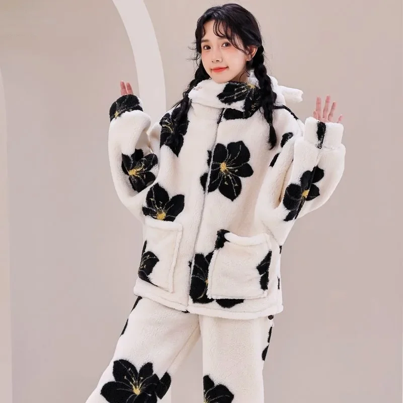 2023 New Winter Pajamas Women's Cute Hooded Loungewear Plush Thick Flannel Sweet Homewear Set Warm Loose Zipper Sleepwear