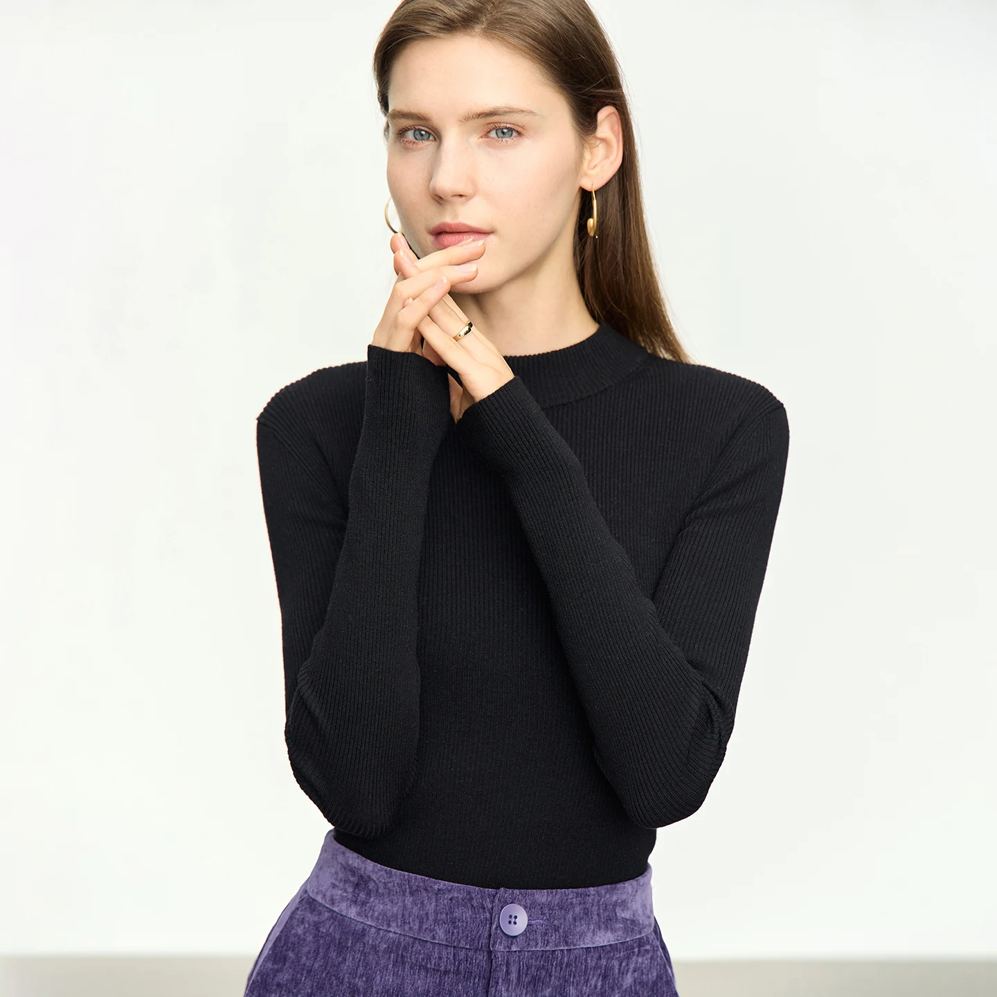 Amii Women's Mock Neck Knit Top Slim Fit Commuter Layering Minimalist Long Sleeve Pullover 2026 Autumn Sweaters 12613042