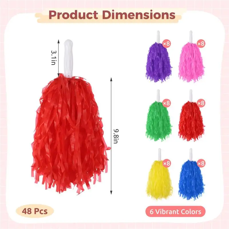 48Pcs Plastic Cheer Pompoms Cheerleading Sports Spirited Pom Poms With Handles Cheering Decorations For Team Spirit Sports Dance