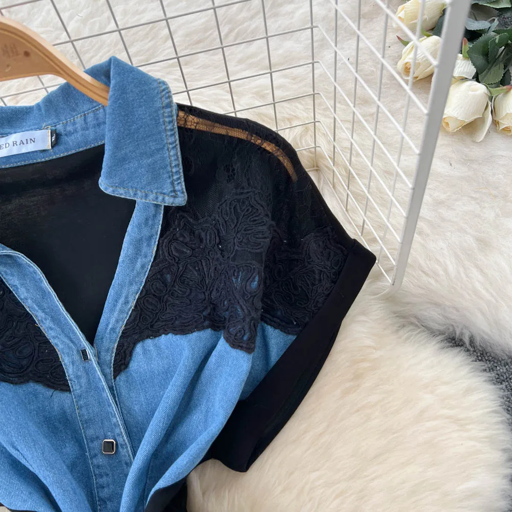 Elegancka sukienka letnia w stylu koreańskim boho, szyta z krótkim rękawem w stylu vintage, imitująca dwuczęściowy krój, z rozcięciem, w stylu fairy.