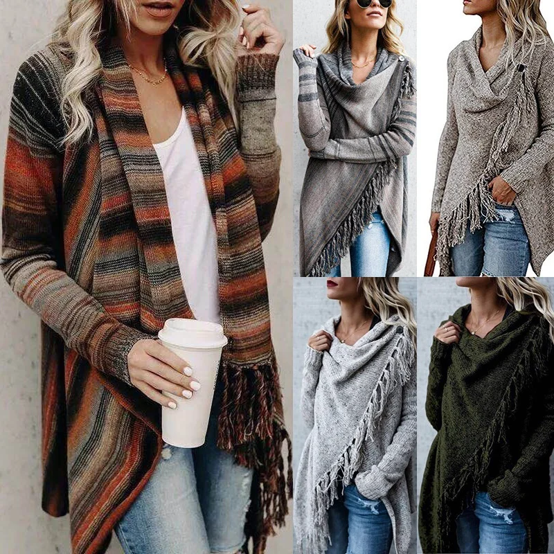 Faion Fringe Knitted Sweater Coat Women's Autumn Winter Clothes Cross-Border Cotton Blend Fabric Knitwear Casual Sle
