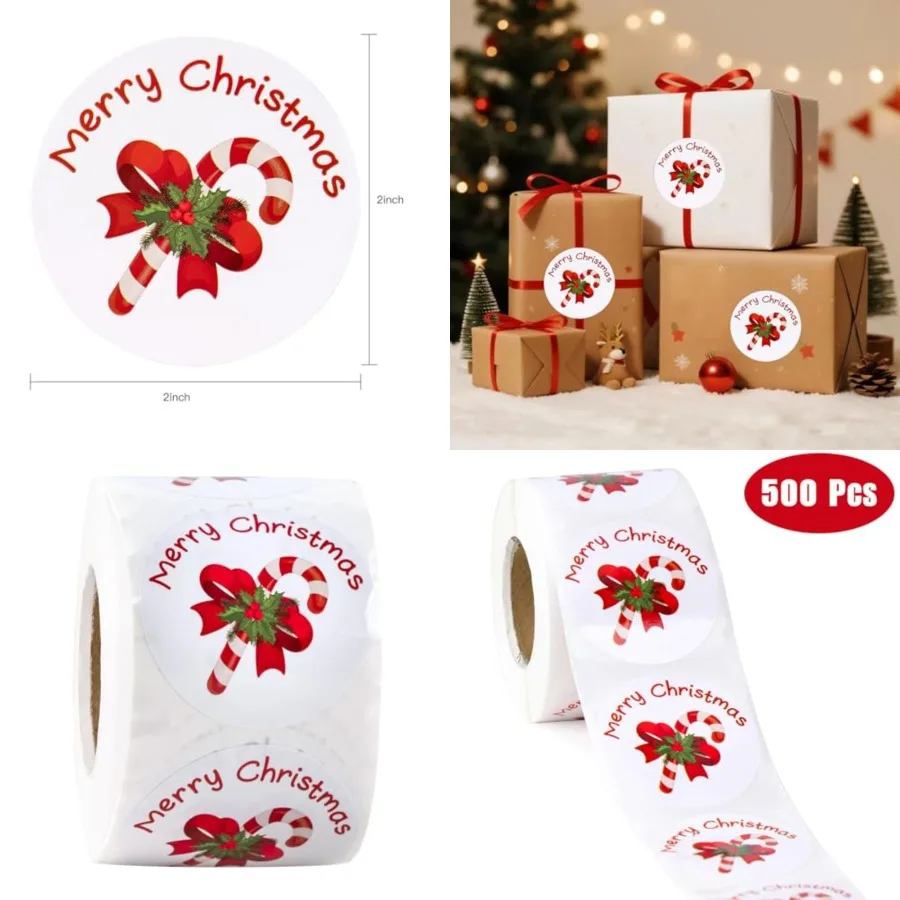 

WRAPAHOLIC Christmas Candy Cane Stickers Roll - Red Merry Xmas Design 2 x 2 Inch 500 Total Labels Ideal for Holiday Gift Wrappi