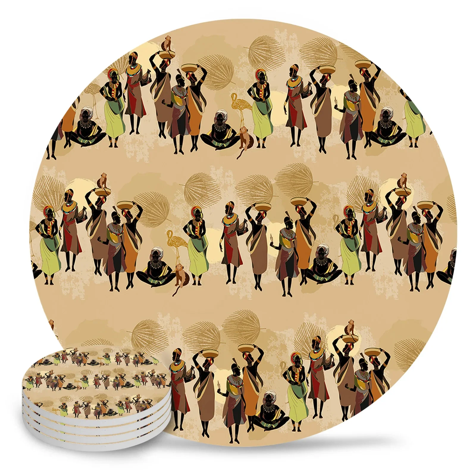 Ethnic Style African Women Black Women Round Coaster Coffee Table Mats Kitchen Accessories Absorbent Ceramic Coasters