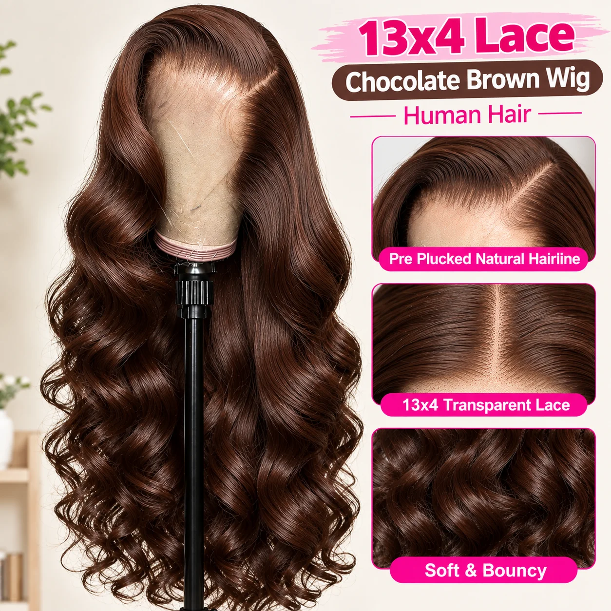 13x4 Lace Chocolate Brown Wig Human Hair Body Wave Lace Front Wig Pre Plucked Natural Hairline Real Brazilian Human Hair Wig Glueless Wavy Wig for Women