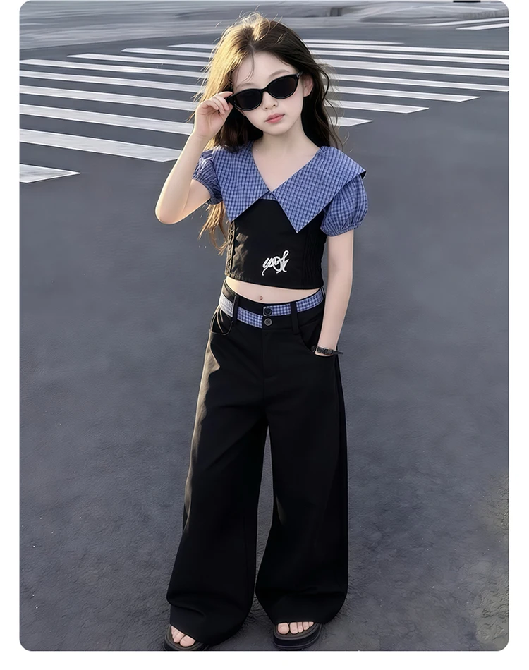 Neue Mode Kinder Streetwear Mädchen Rückenfreies Kleidungsset Crop-Top und Hose 2-teiliger Anzug Kinder Trend Street Trainingsanzug – Detail 11