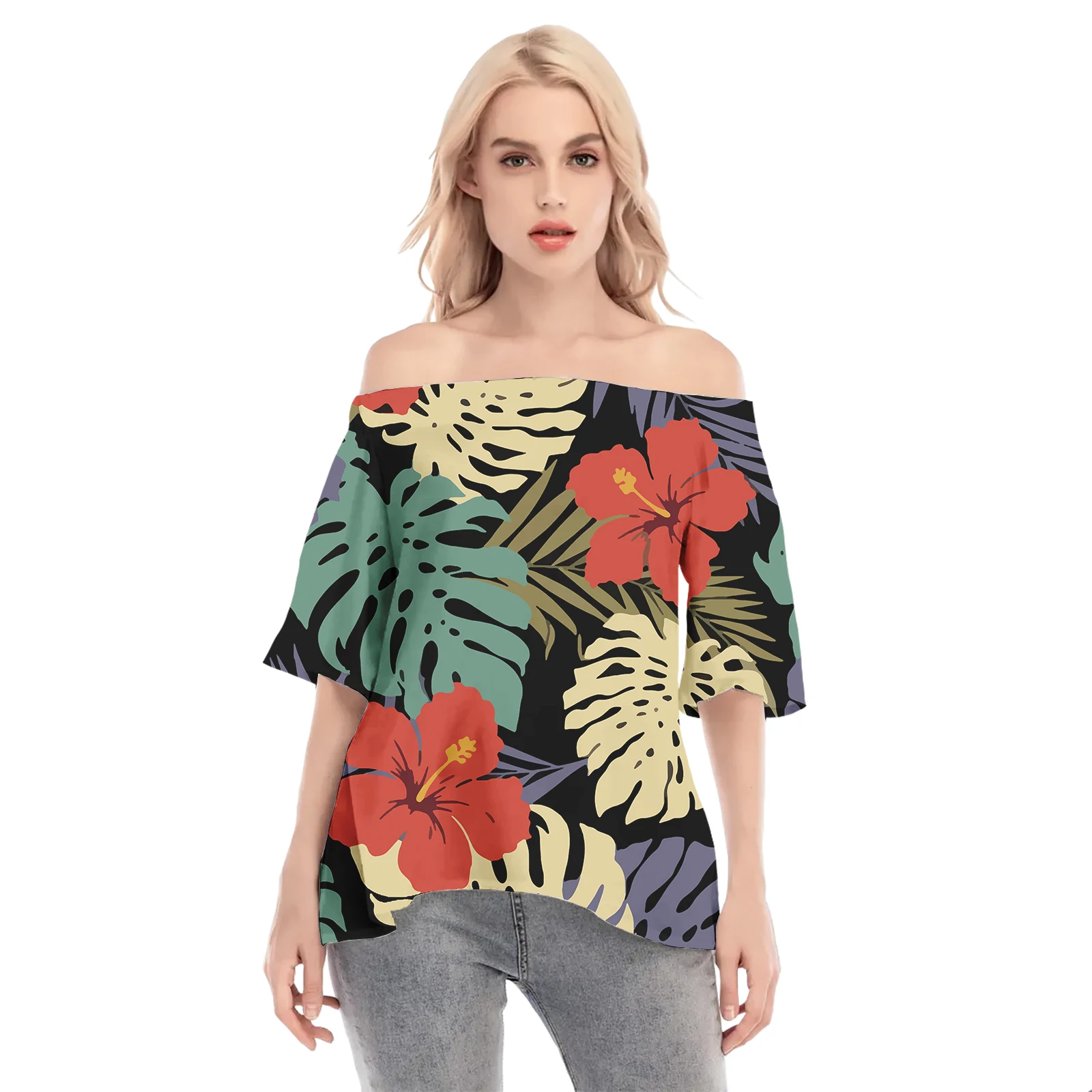 Vintage Blouse Polynesian Tropical Floral Tribal Pattern Women T Shirt Office Casual Business Off Shoulder Sexy Blouse