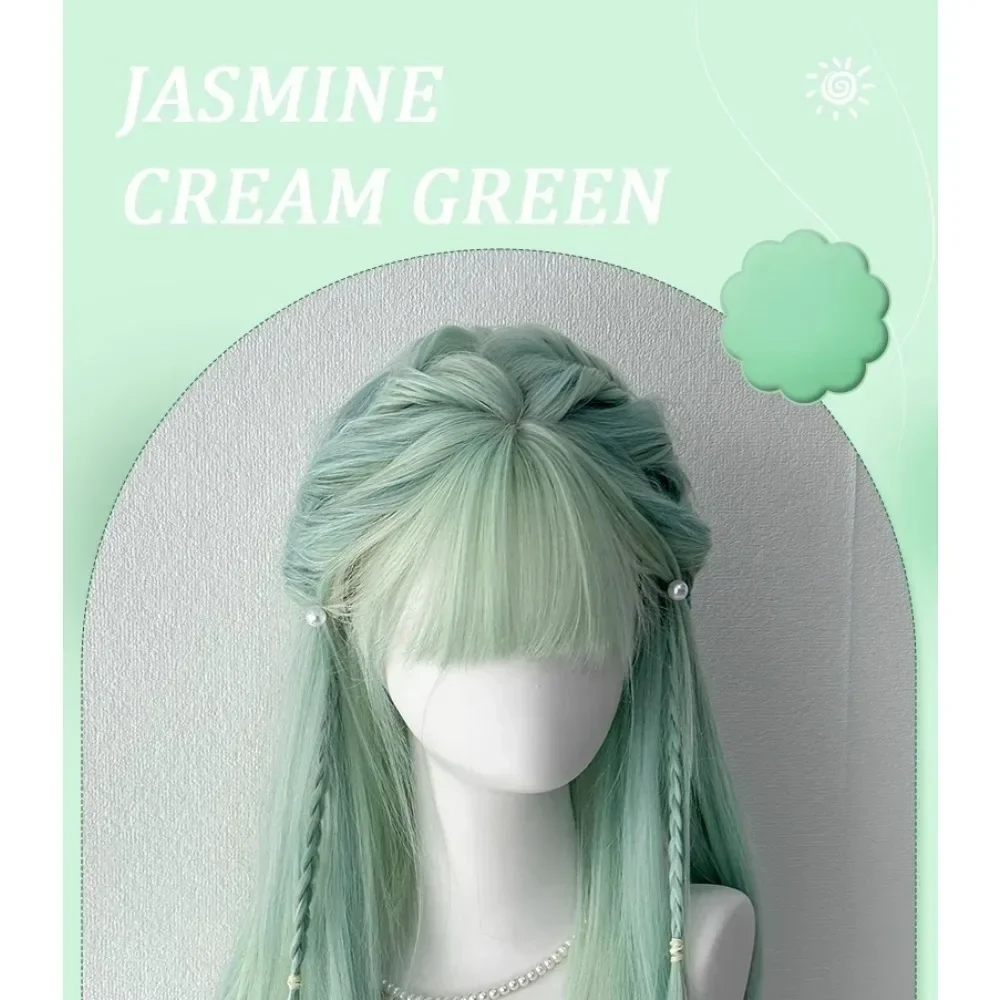 Light Green Wig for Women Long Straight Hair Summer Green Wigs with Bangs Natural Simulation Human Hair Headband Lolita Wig