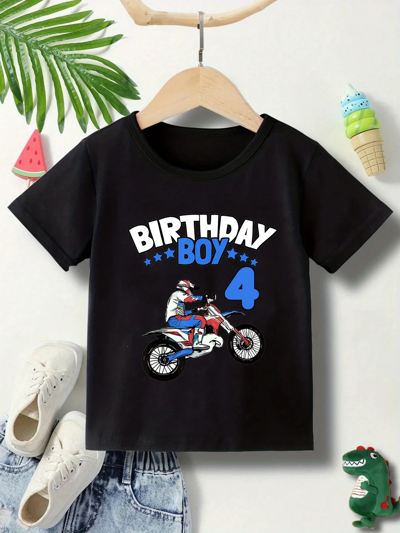 Cool and cartoon-style T-shirt with off-road motorcycle and birthday number print, casual cotton short-sleeved shirt for summer