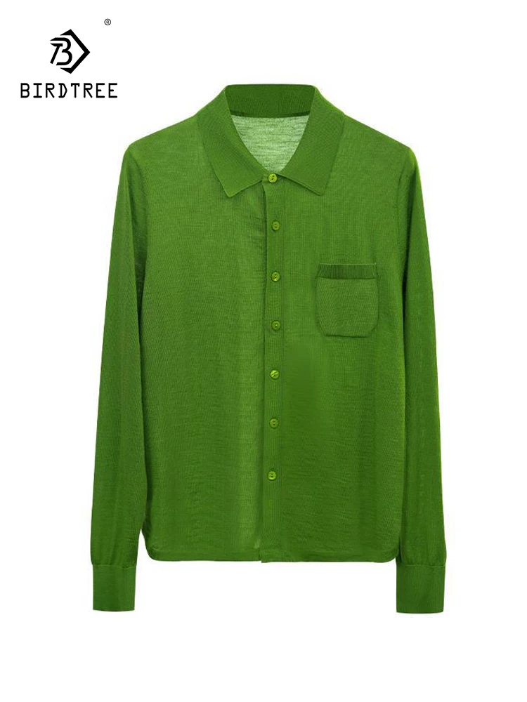 

Birdtree 16 Needle 100% Wool Women's Solid Cardigan Long Sleeve Lapel Shirt Style Button Coat 2023 Full Autumn Winter T38149QC