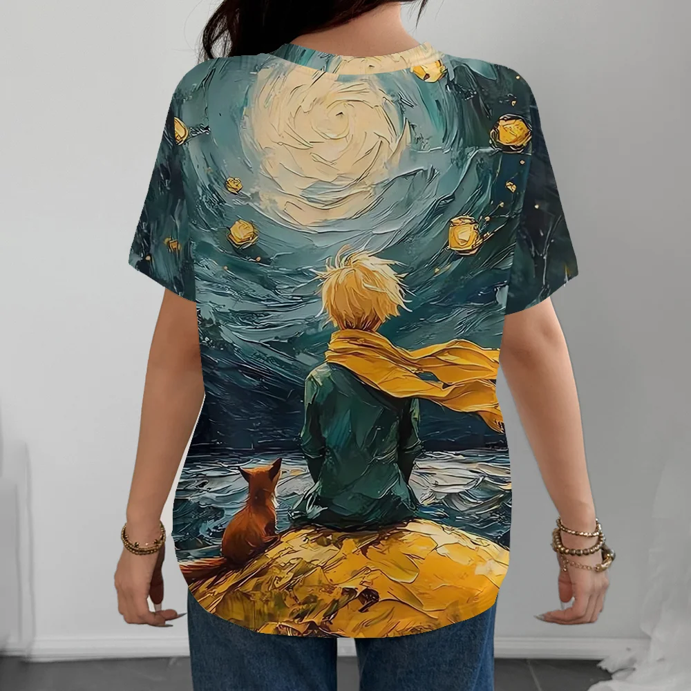 مرسومة باليد النفط اللوحة الصفراء ليلة مليئة بالنجوم الأمير الصغير نمط المرأة تي شيرت ريترو ستايل أزرق عميق كم قصير