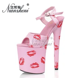 Crossdresser 20cm Pink Shoes Sexy Lips Pole Dance Platform Sandals Peep Toe 8Inch Stripper Heels Catwalk Exotic Fetish Models