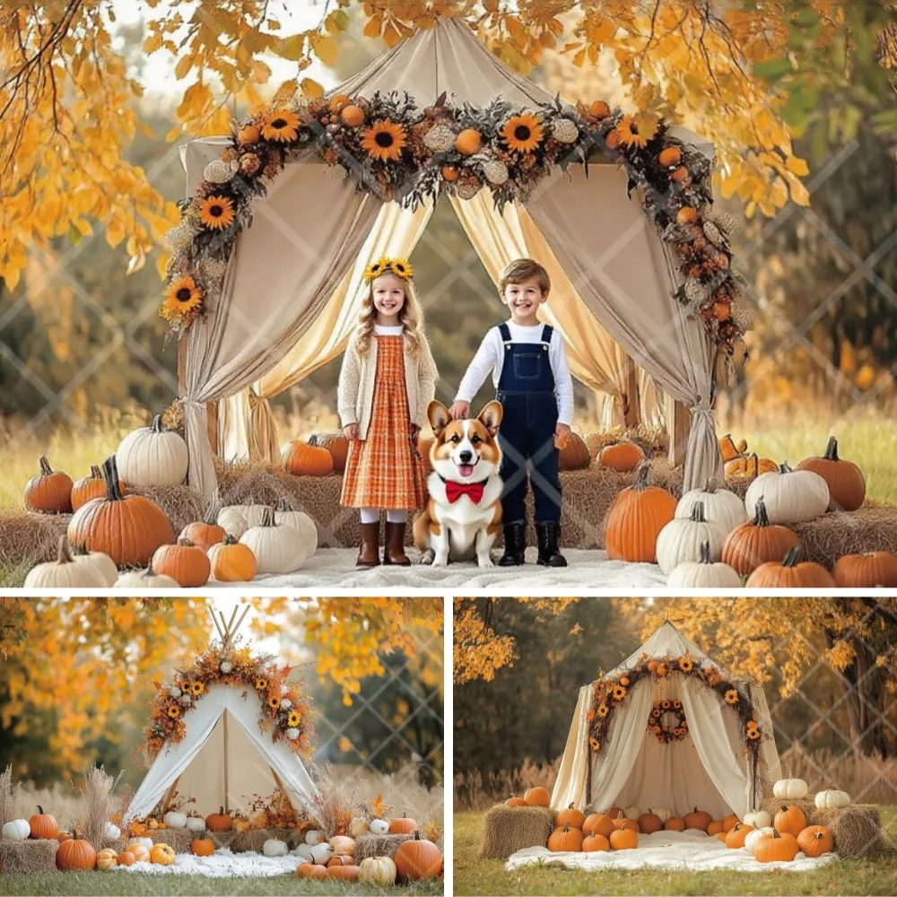

Autumn Photography Background Fall Harvest Pumpkin Flower Tent Kids Family Baby Shower Portrait Decor Backdrop Photo Studio Prop