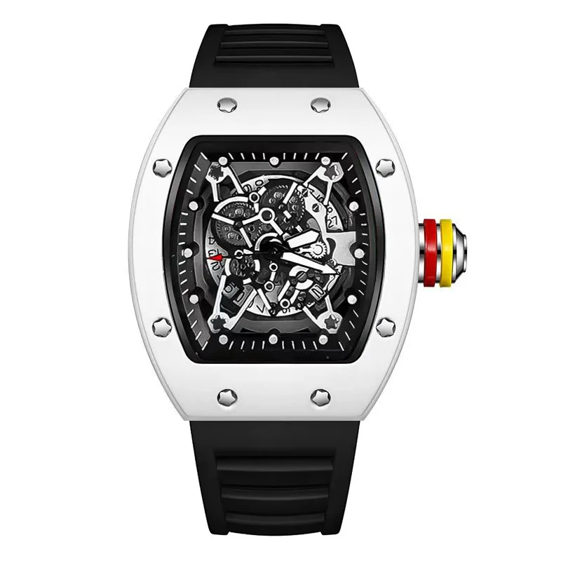 Quartz Wristwatch For Men Barrel Shape Transparent Back Limited Edition Silicone Strap Clean Fashion Layout