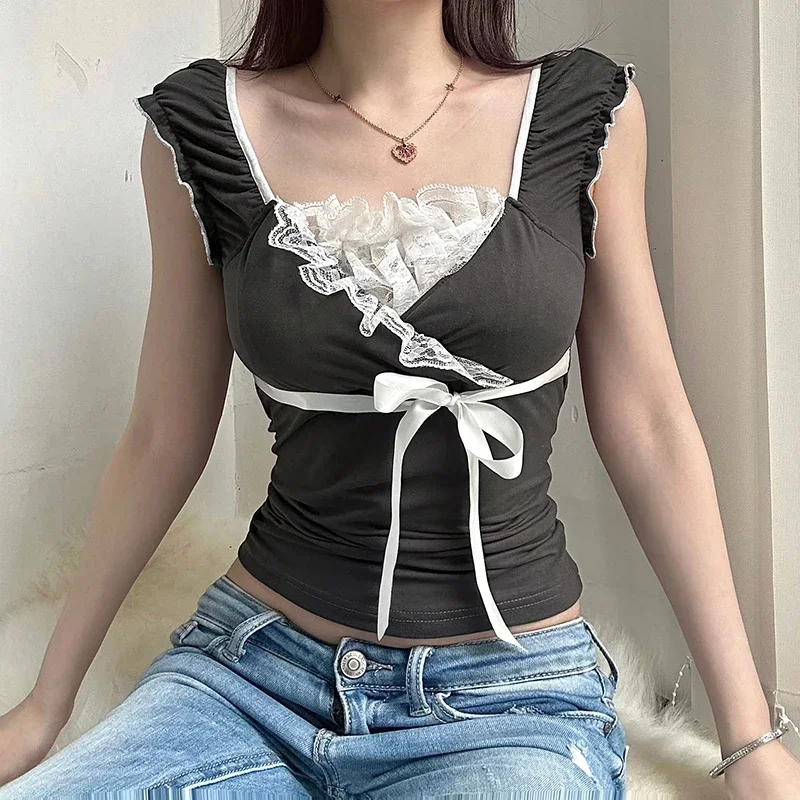 Y2K Contrast Lace Patchwor Patchwork Fake Two-Piece Top Women's Summer Coquette Aesthetic Slim-Fitting Short Sleeve T-Shirts New