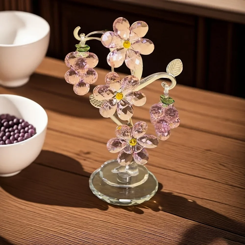 Pink Crystal Flower Sculpture with Rotating Base, Handmade Home Decor Ornament Gift for Valentine's Day Mother's Day