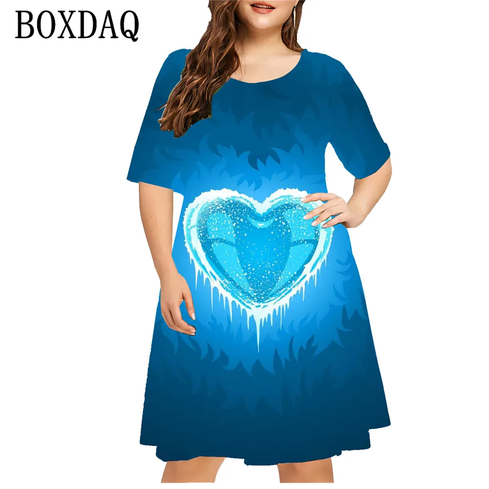 Mini vestido estampado em flor azul 3D feminino, pulôver casual, vestido de verão solto, roupas femininas, tamanho grande, manga curta, 6XL, novo