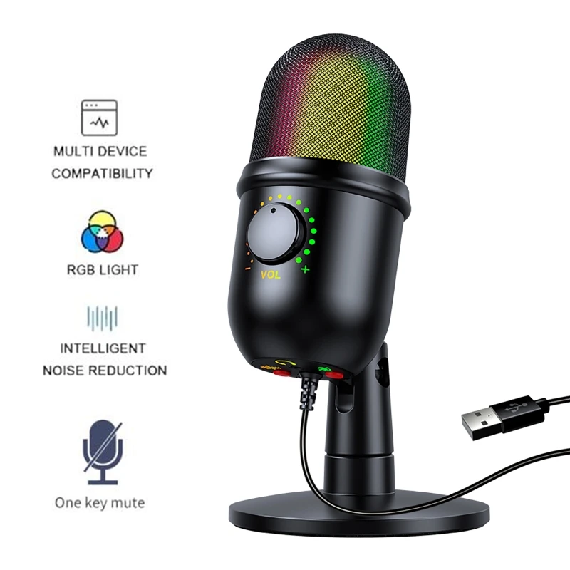 

Professional Rgb Mic Home Podcast Equipment USB Gaming Recording Microphones Light Modes Table Condenser Microfone