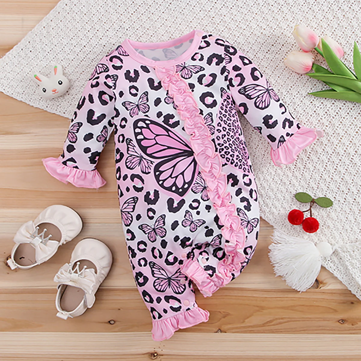 IURNXB Baby Jumpsuit Long Sleeve Newborn Butterfly Full Print Flounce Casual Outfit Toddler & Infant Girl's Overall 1-18M