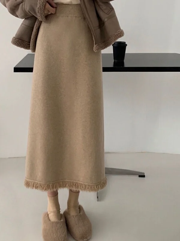 

Вязаная полуюбка с кисточками и высокой талией, женская зимняя юбка средней длины прямого кроя, универсальная облегающая юбка без разрезов