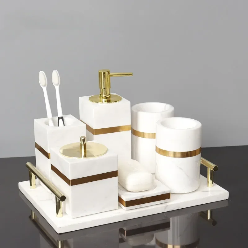 Bathroom Marble Toiletry Set Lotion Bottle Gargle Cup Soap Dish Toothbrush Holder Cotton Swab Box Tray Tissue Box Accessories