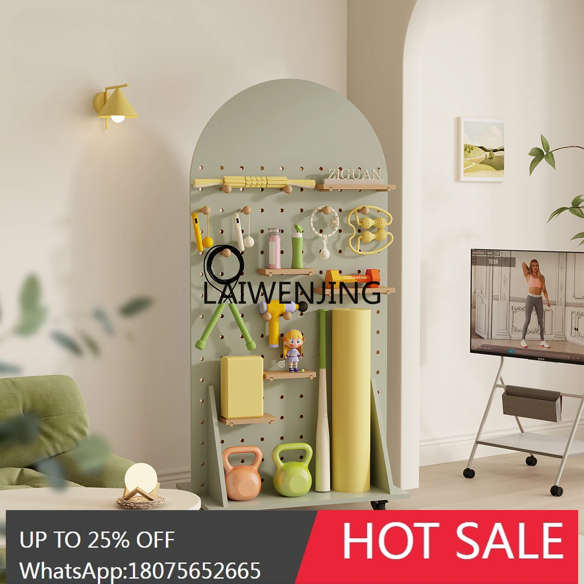 LYN green hole board mobile full body mirror floor display rack with wheels decorative wall arch