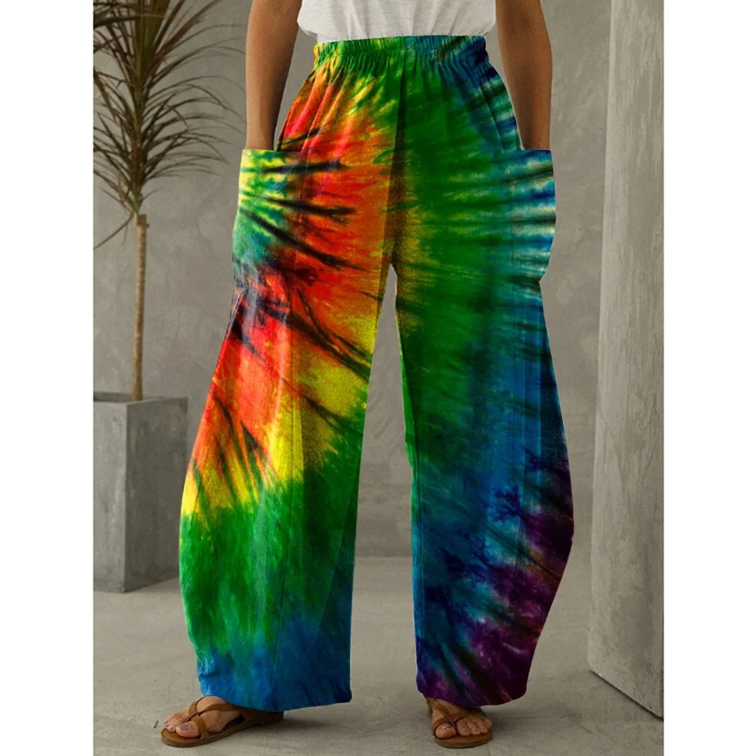 Summer Tie Dye Print Pants Fashion Womens Pants Casual Pocket Design Joggers Loose Trouser Pantalones Sweatpants Elegant Overall