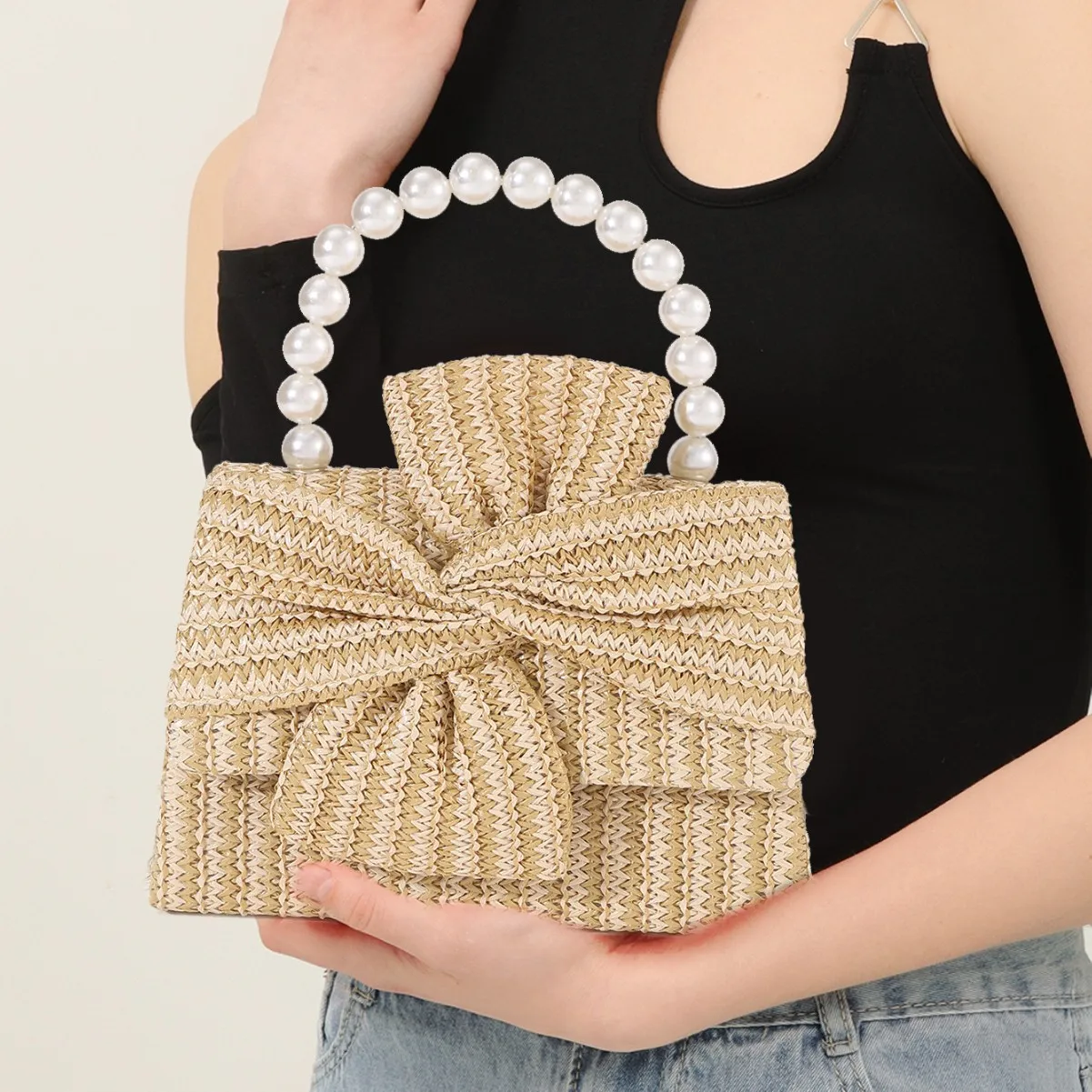 

Fashion Design Summer Pearl Handbag, Fashionable Versatile Handmade Bow Women's Woven Straw Bag, Hand Bags