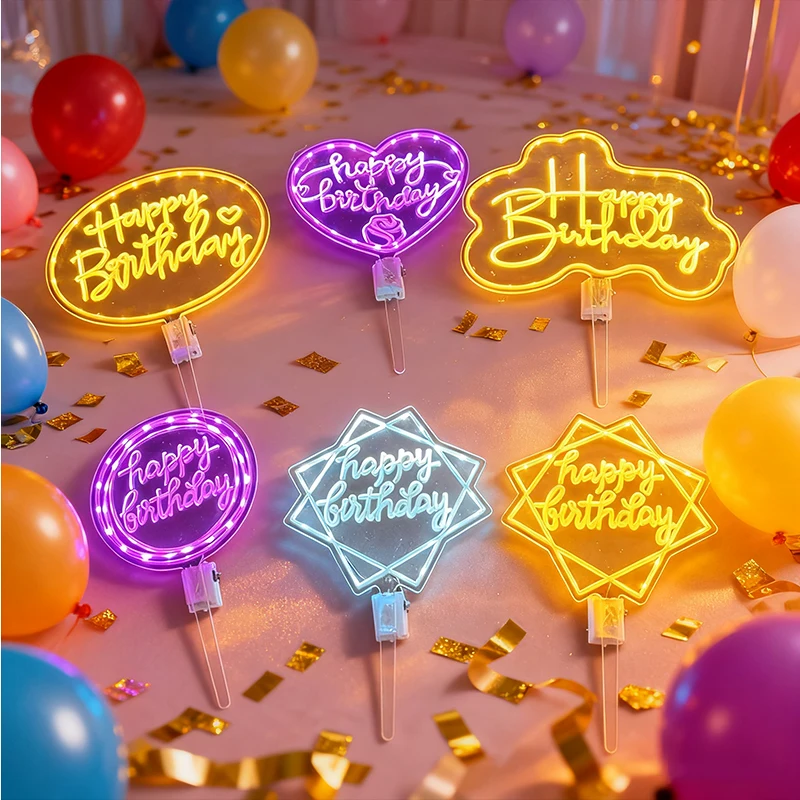 LED Night Light Flashing Happy Birthday Cake Topper Luminous Neon Light Sign for Birthday Cake Decoration Party Supplies gallery 1