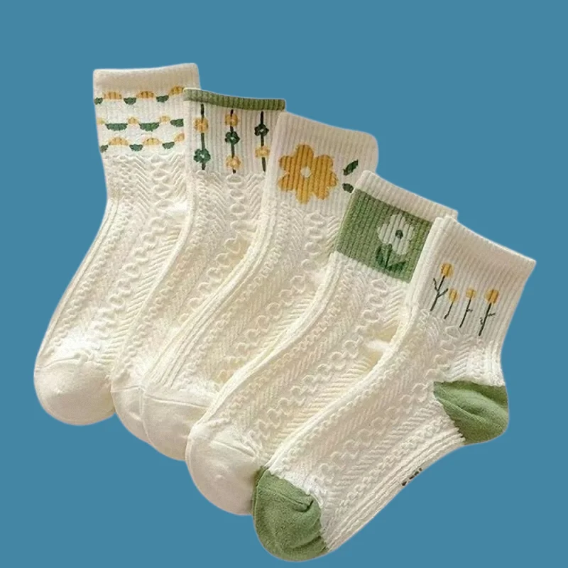 5 paires de chaussettes mi-tube pour femmes, confortables, polyvalentes, mignonnes, style universitaire, blanches, respirantes, décontractées, longues, été