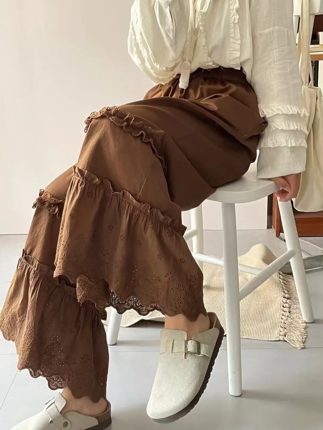 Japanese Sweet Mori Girl Embroidery Hollow Out Hem Wide Leg Pants Women Spring Summer New Elastic Waist Casual Loose Pants