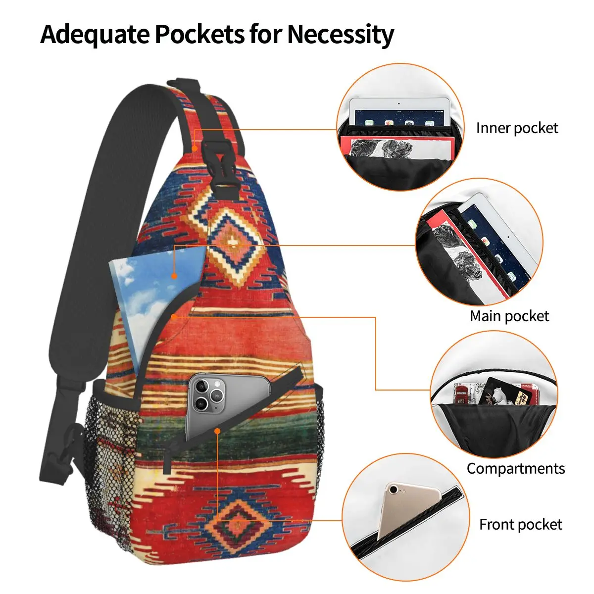 Aksaray Antique Turkish Kilim Sling Bags Chest Crossbody Shoulder Backpack Travel Hiking Daypacks Boho Ethnic Casual Satchel