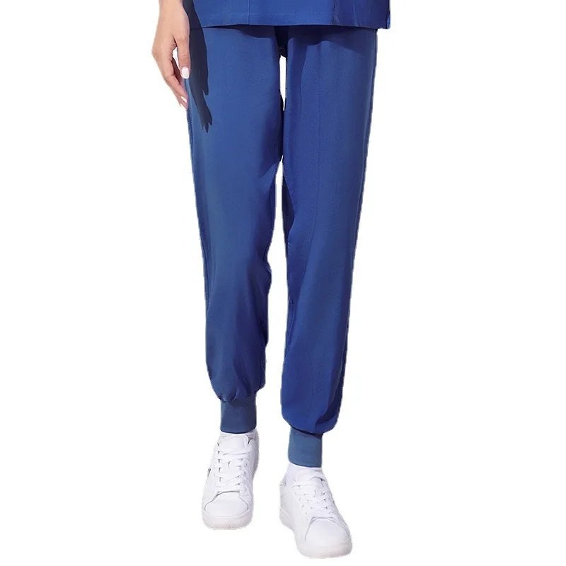 Uniforme da infermiera bianca da donna estiva Design sottile, vita elastica rosa, pantaloni blu grandi, pantaloni da lavoro medico