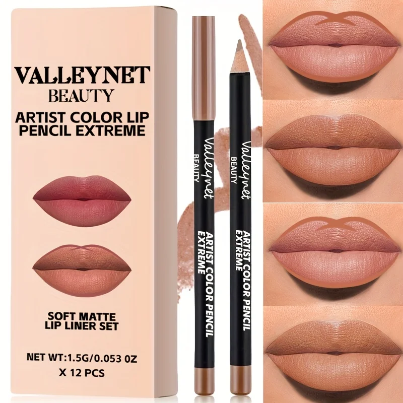 Conjunto de delineador labial de veludo fosco esculpido em 12 cores, textura cremosa suave, à prova d'água e altamente pigmentada