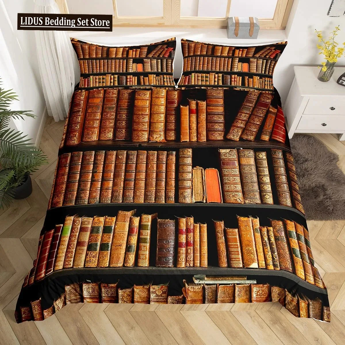 Books Lovers Gift Duvet Cover Set Full Size,Readers And Literary Lover Bedding Sets,Vintage Librarians Bookshelf Comforter Cover