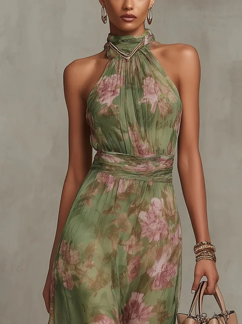 Vintage Maxikleid aus Chiffon mit Neckholder, ärmellos, rückenfrei, hoher Taille, Schlitz, fließend, mit floralem Aquarellmuster für Abend und Hochzeit – Detail 3