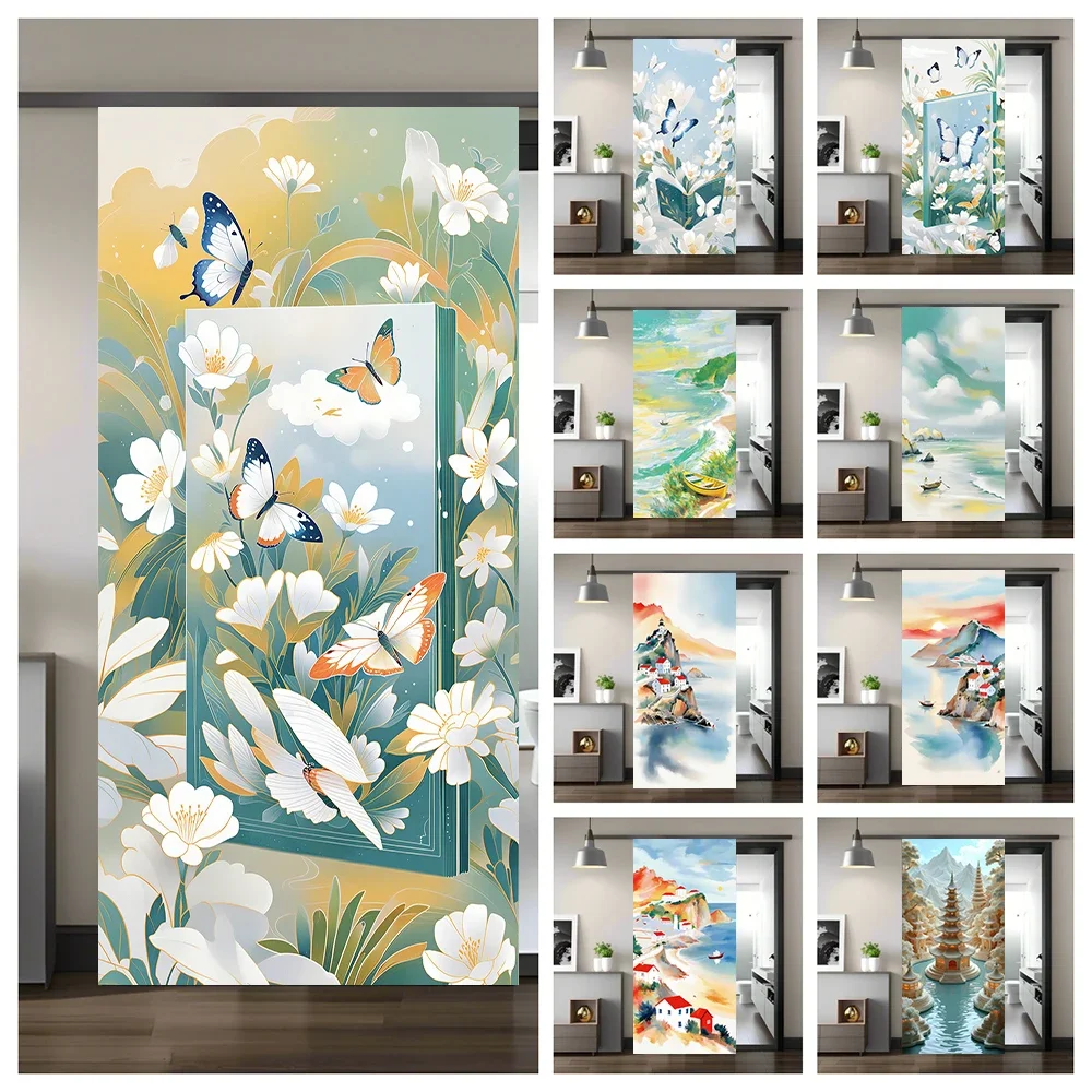 Floral Butterfly Landscape Door Sticker Full Door Cover Decals Wallpaper Home Cabinets Waterproof Aesthetic Vinyl  Decoration
