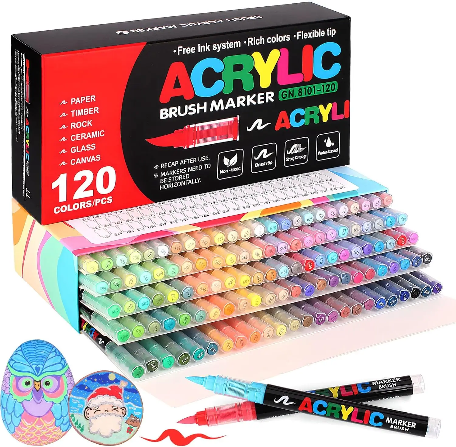 

120 Soft Brush Tip Acrylic Markers for Rock, Wood, Stone, Glass, Canvas - Water Based Pens