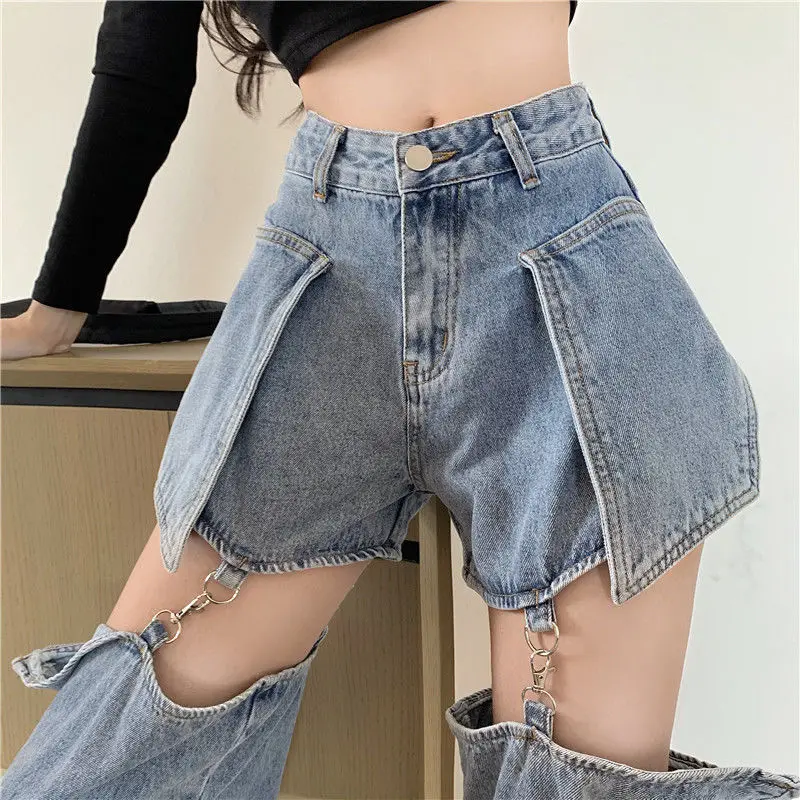 Hot Girl High Street Fashion Outfit: Retro Loose Slim-Fit Detachable Patchwork Jeans, Stylish Long Pants For Clubbing, Women's
