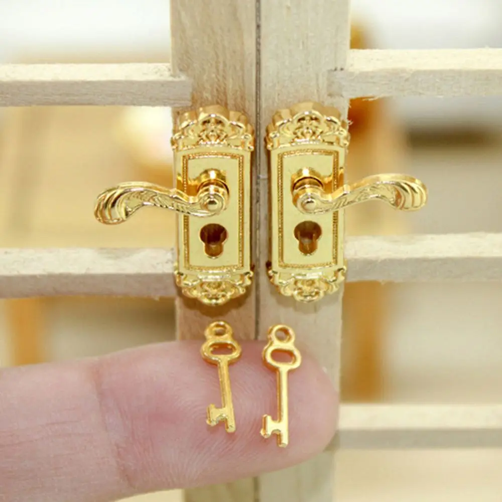 Retro Lock Key Set Dollhouse Miniature Door Handles Mini Furniture Pull Keyhole Plate Brass Knobs DIY Doll House Accessories