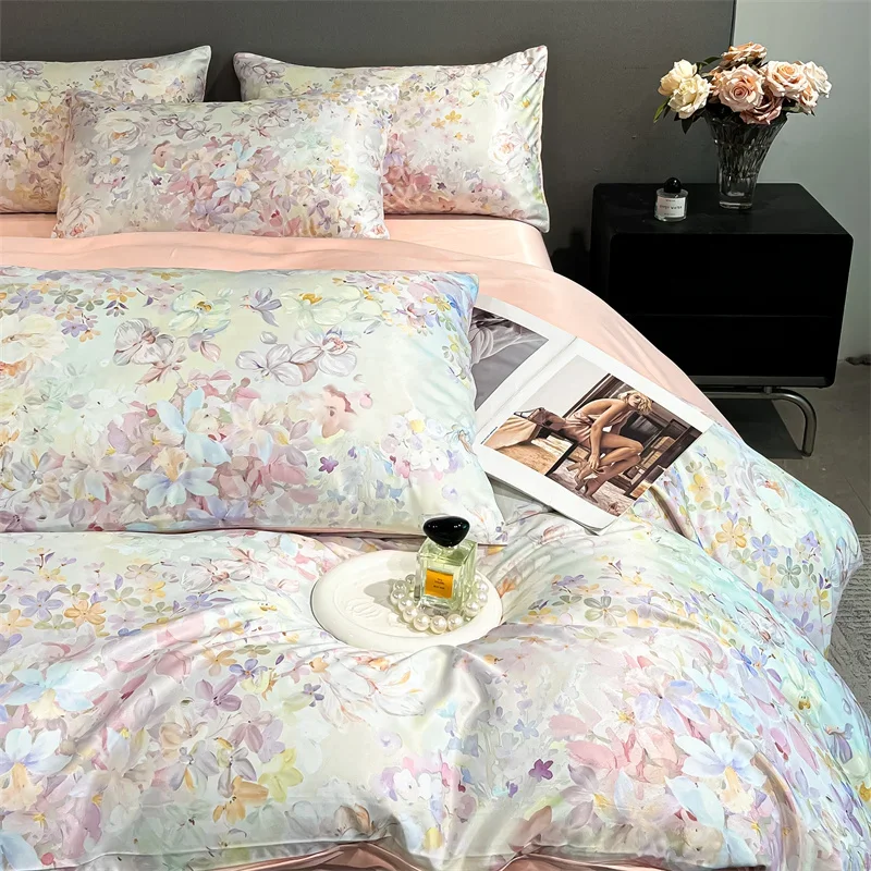 Set Penutup Selimut Motif Bunga Set Penutup Tempat Tidur Sutra Satin untuk Musim Panas Set Seprai Dingin Ukuran Queen/King Silky Plumones De Cama