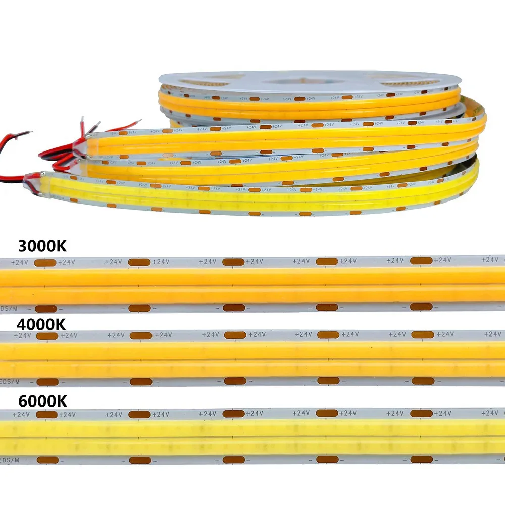 

10m 24v Double Row LED Cob Strip 600 LEDS/M 20w/m LED Flexible Cabinet Tape 3000K Natural White 4000k 6000k Room Shop Office