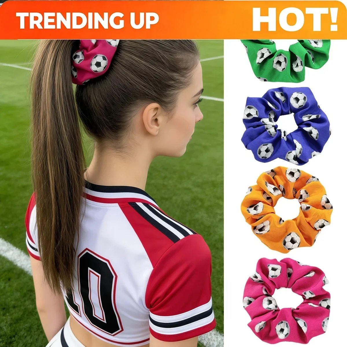 Customization 4pcs Spring/Summer 3D Soccer Sports Large Ponytail Holder Set, Women's Fashion High Ponytail Elastic Hair Ties