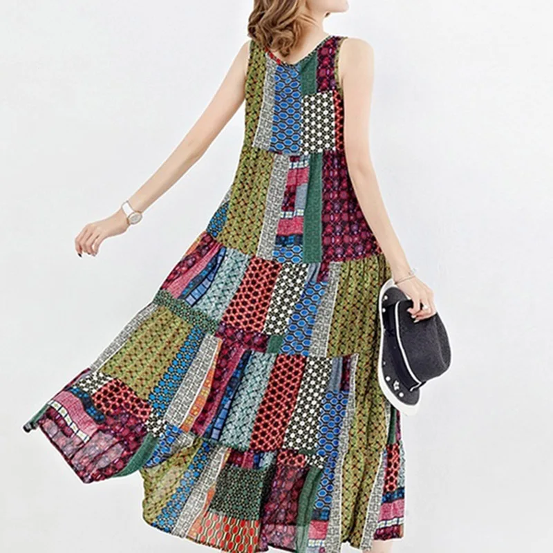 Bohemian O-neck Sleeveless Loose Waist Vintage Fashion Dress Straight Print Retro Patchwork Summer Mid Calf Women Female 2022